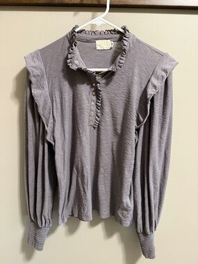 Nation LTD Ruffle Henley Long Sleeve Top in Lavender Gray